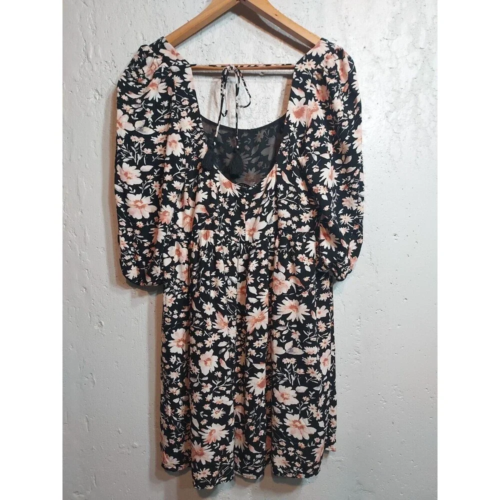 American Eagle Babydoll Dress Mini Short Tie Back Puff Sleeve Black Floral S‎